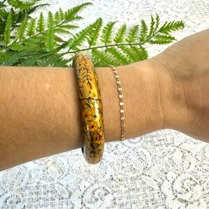 Vintage Wood Laquered Handpainted Floral Bangle Bracelet